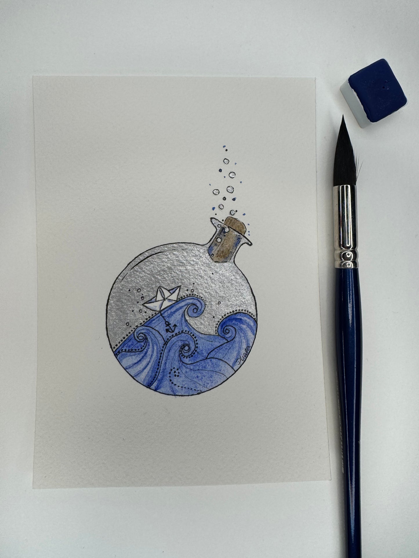 Besonderheit - Original Aquarell 14,5x10,5cm Buddelschiff