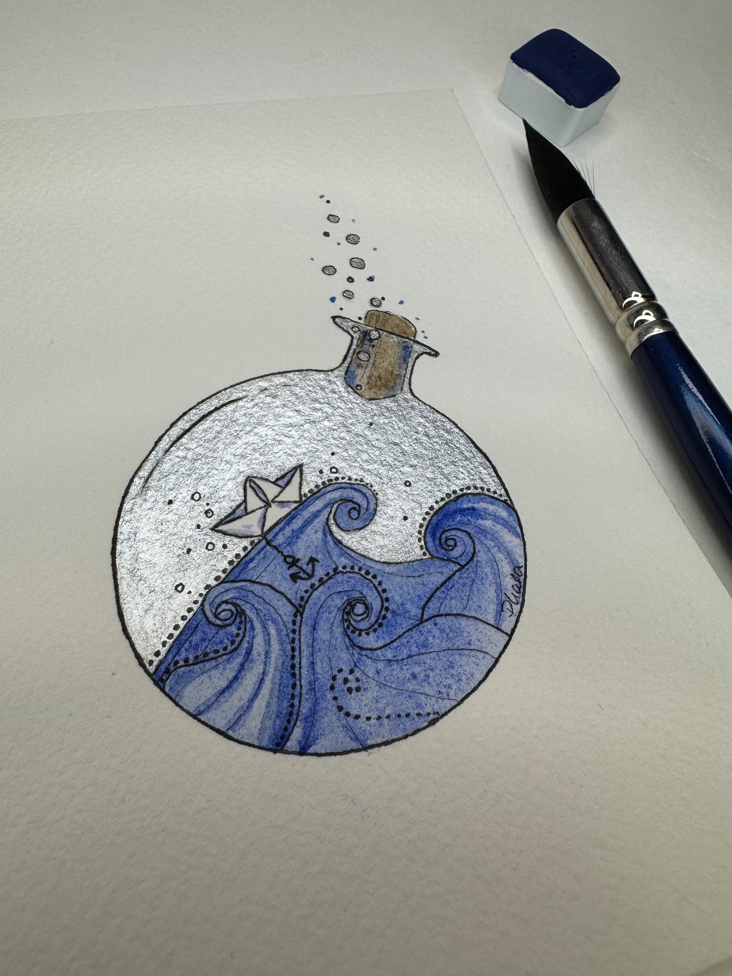 Besonderheit - Original Aquarell 14,5x10,5cm Buddelschiff
