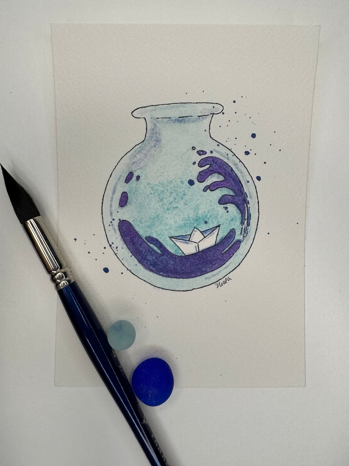 -Besonderheit- Aquarell Original 14,5x10,5cm Buddelschiffchen