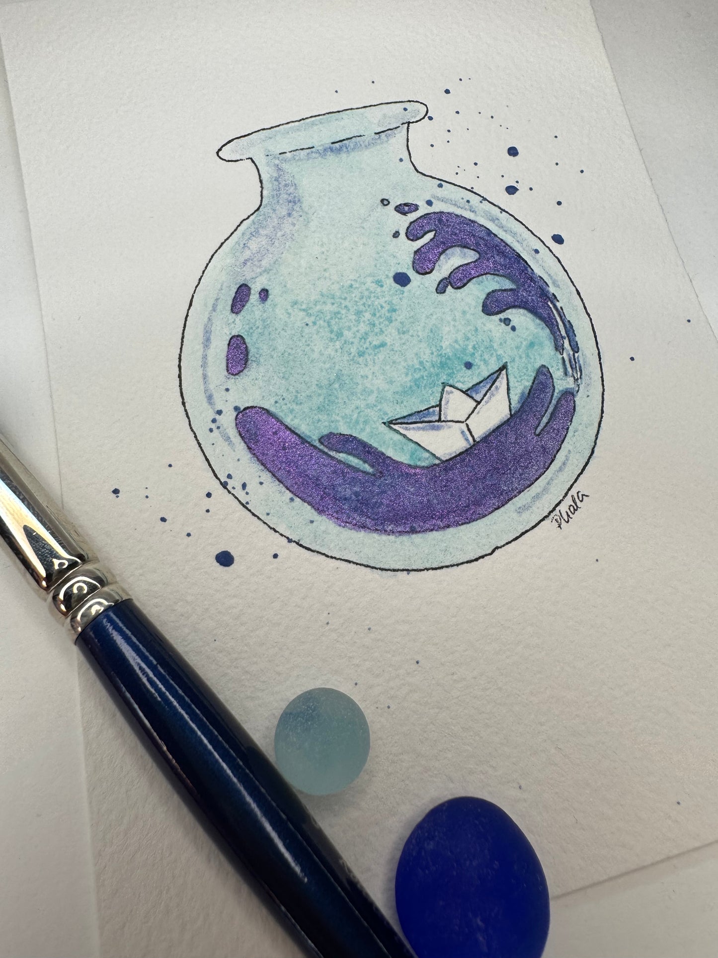 -Besonderheit- Aquarell Original 14,5x10,5cm Buddelschiffchen