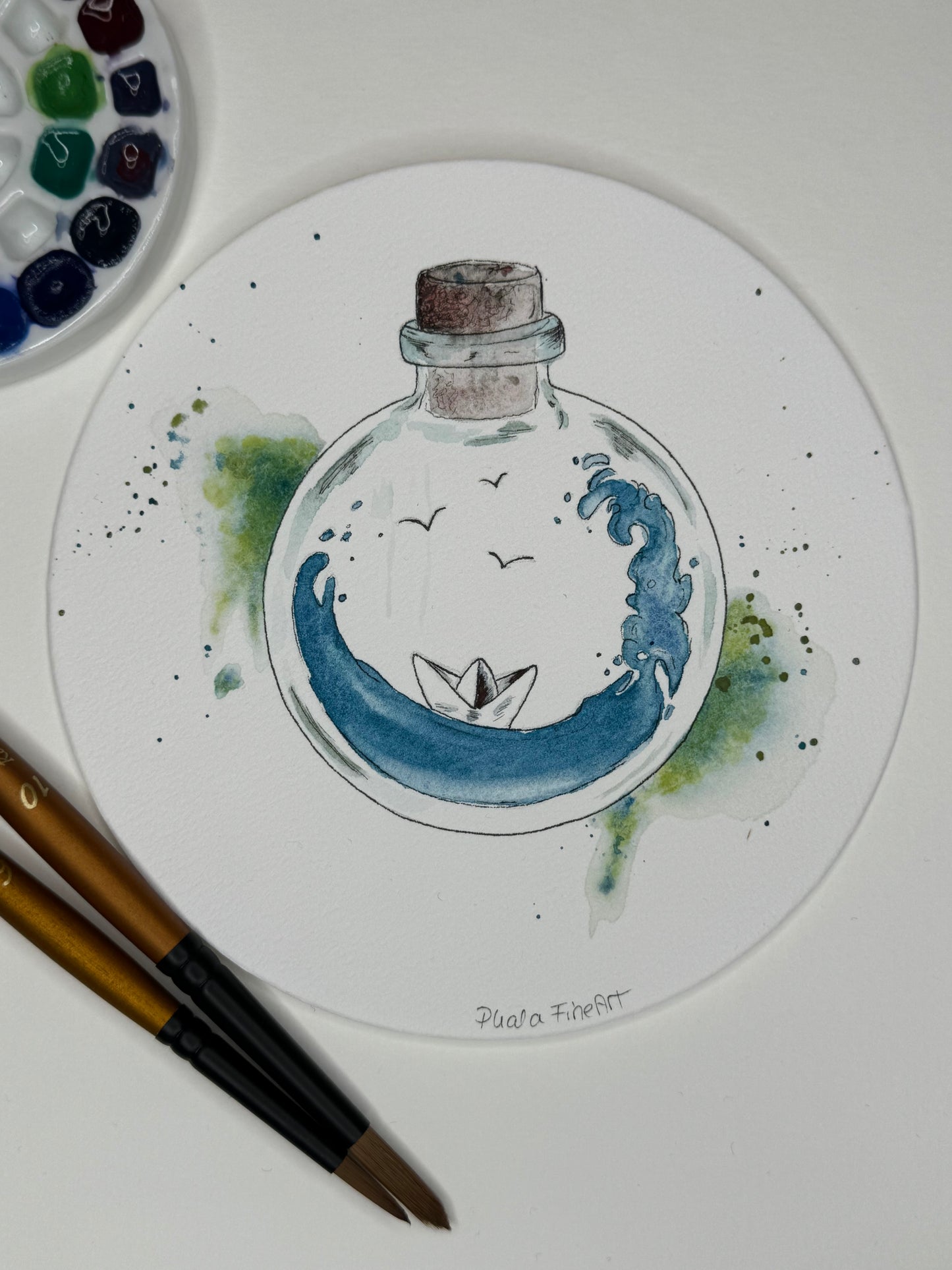 Aquarell Original rund 13cm Papierschiff Flasche