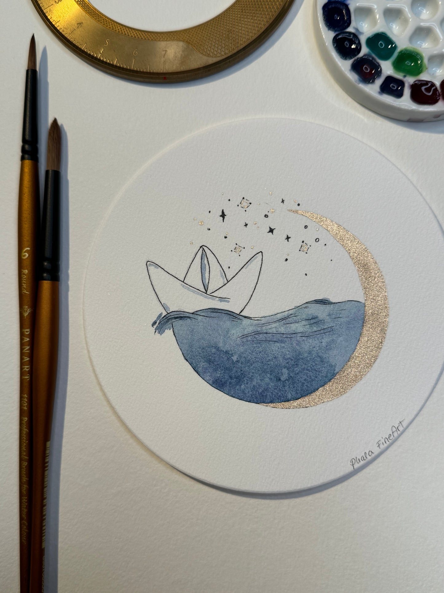 Aquarell Original rund 13cm Papierschiff Mond